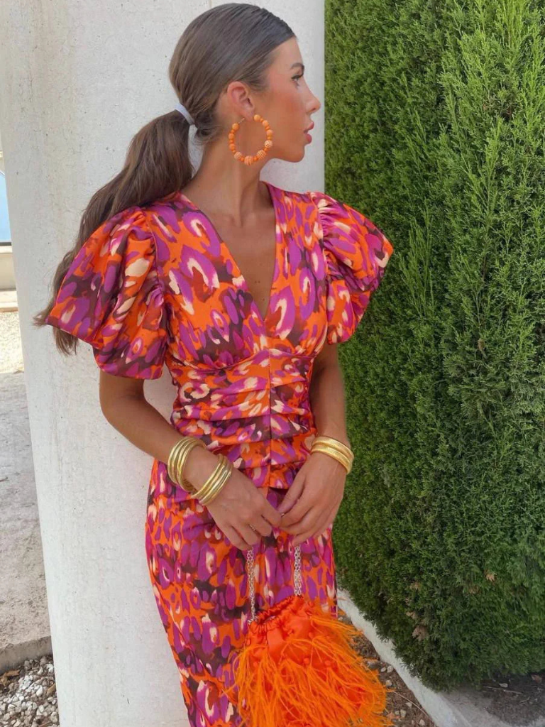 Adriana | Pleated Puff-Sleeve Midi Dress