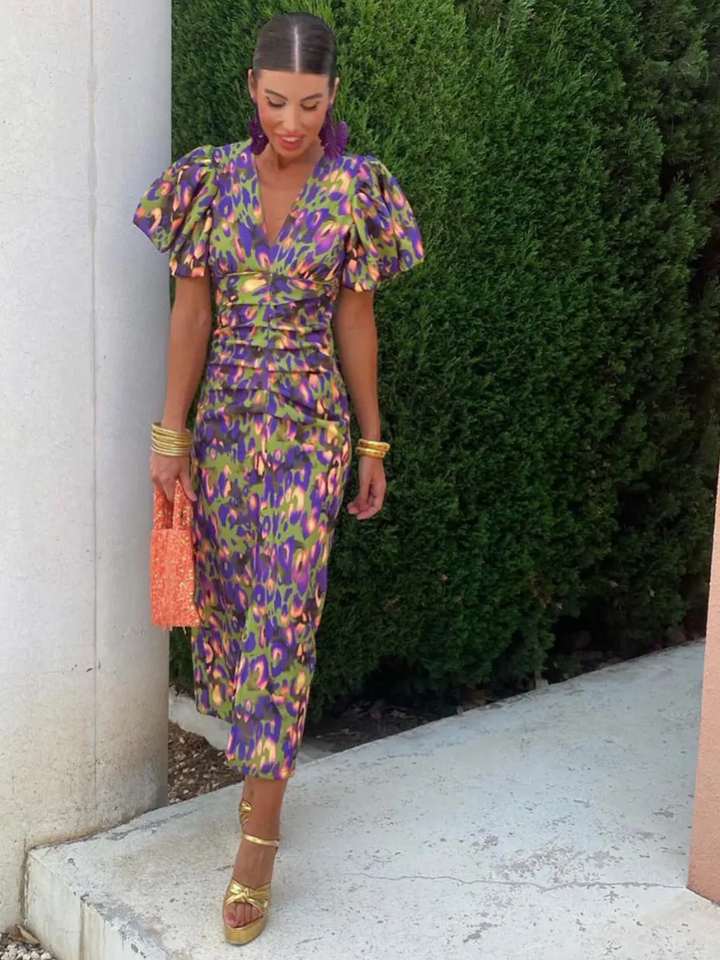 Adriana | Pleated Puff-Sleeve Midi Dress