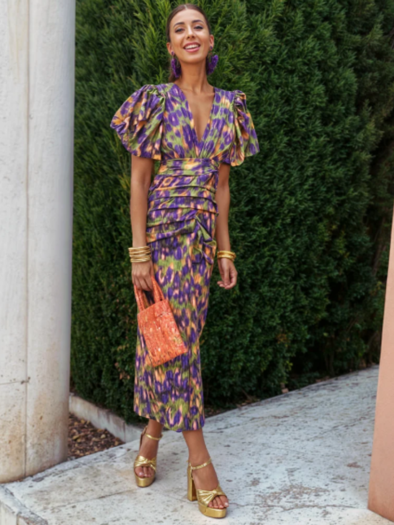Adriana | Pleated Puff-Sleeve Midi Dress
