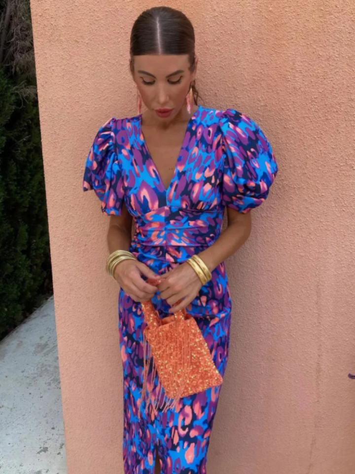 Adriana | Pleated Puff-Sleeve Midi Dress
