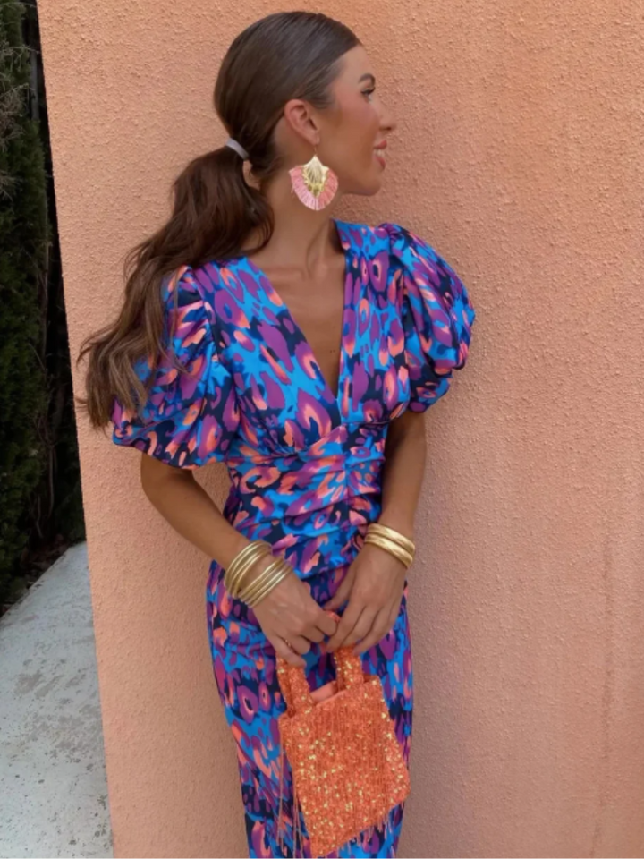 Adriana | Pleated Puff-Sleeve Midi Dress