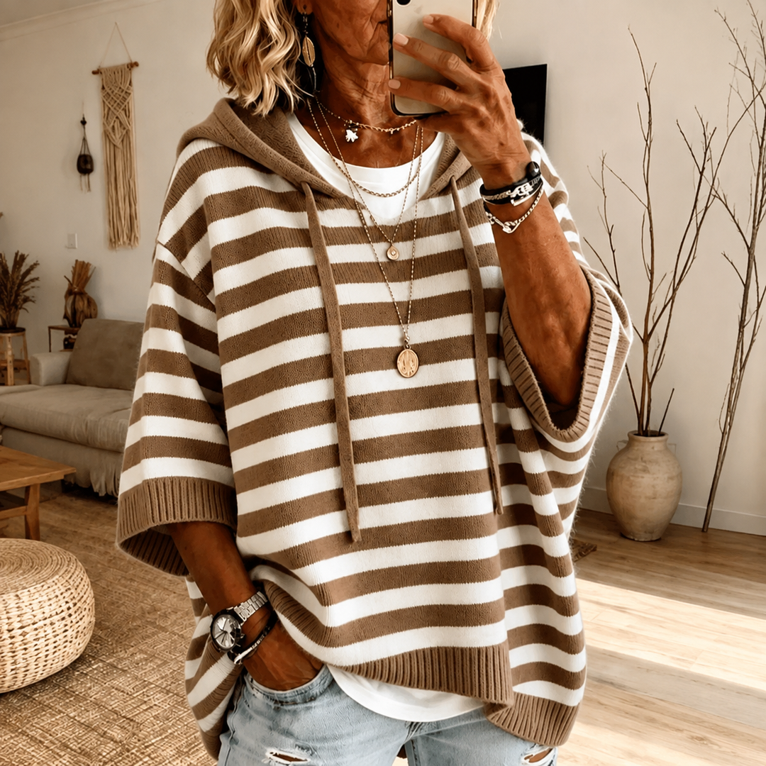 Mathilde – Taupe Striped Poncho Sweater