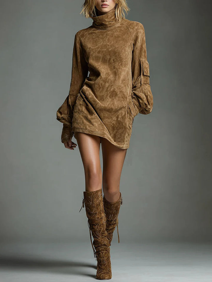 Buy | Loose Suede Mini Dress with High Neck