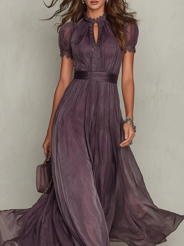 Flavia | Long purple dress with keyhole neckline, chiffon lace trim