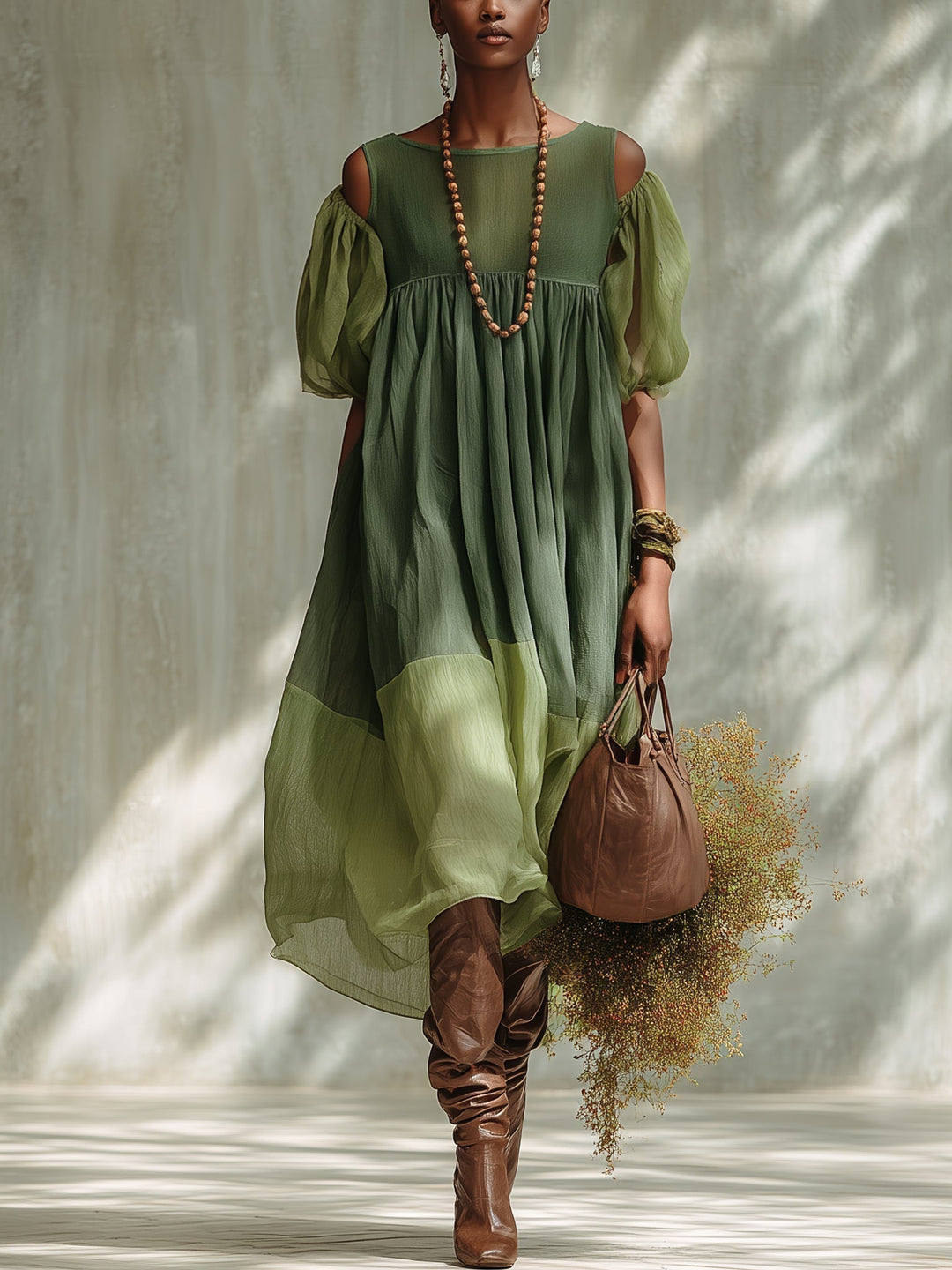 Green Chiffon Off Shoulder Short Sleeve Midi Dress