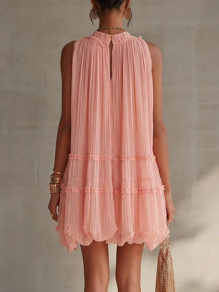 Magdalena Pink Striped Chiffon Mini Dress with Halter Neck