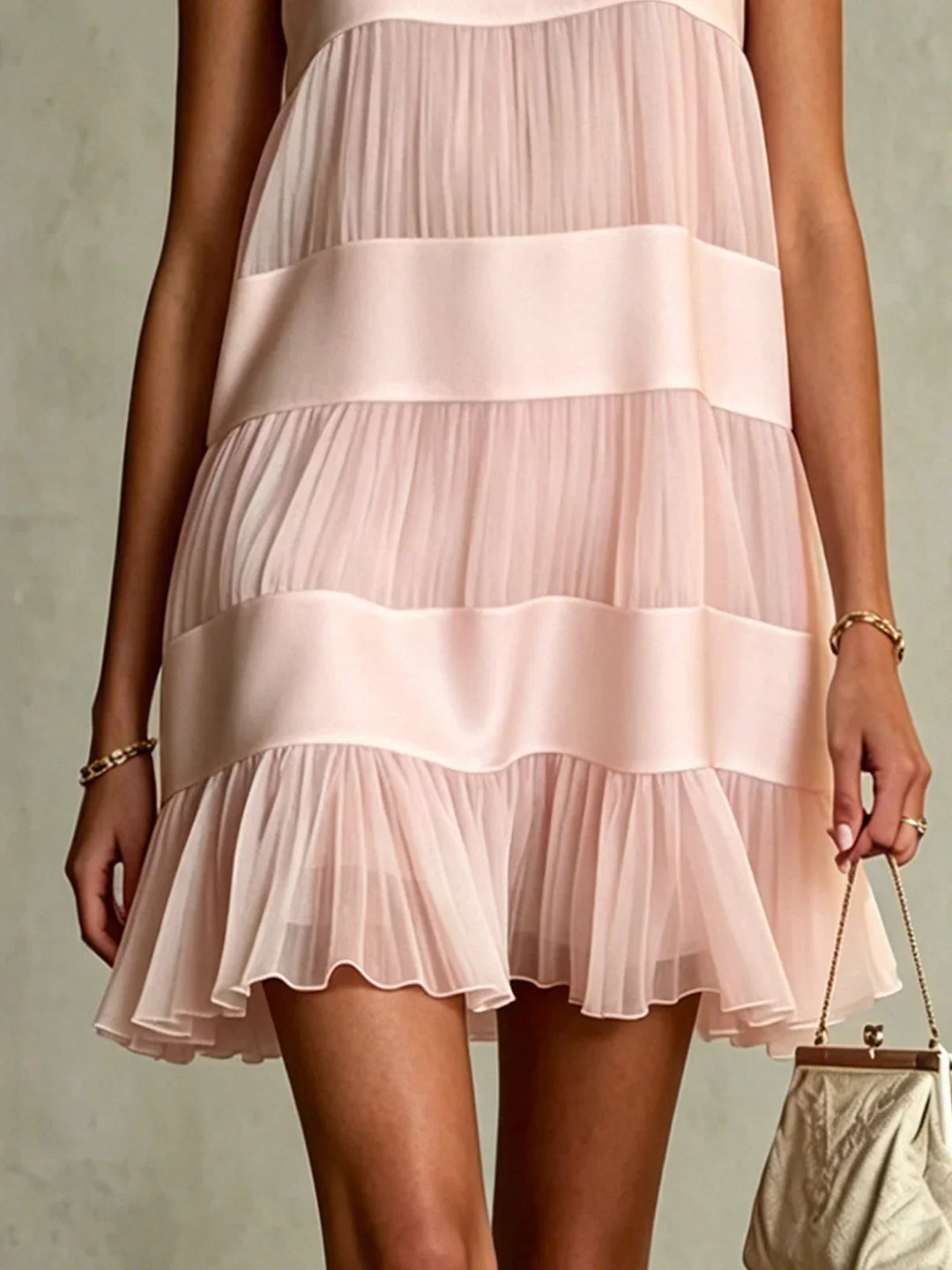 Light Pink Pleated Chiffon Mini Dress with Layered Design and Patchwork