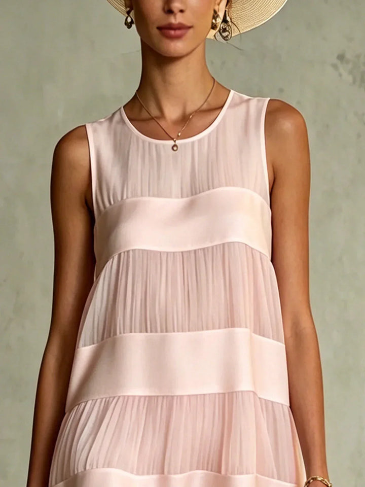 Light Pink Pleated Chiffon Mini Dress with Layered Design and Patchwork