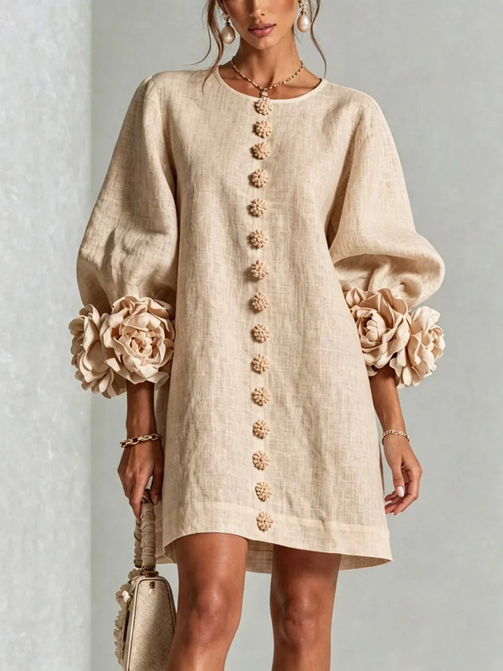 Elvira Mini Dress with Floral Buttons and Flower Sleeves