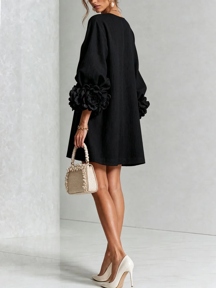 Elvira Mini Dress with Floral Buttons and Flower Sleeves