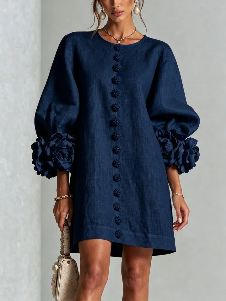 Elvira Mini Dress with Floral Buttons and Flower Sleeves