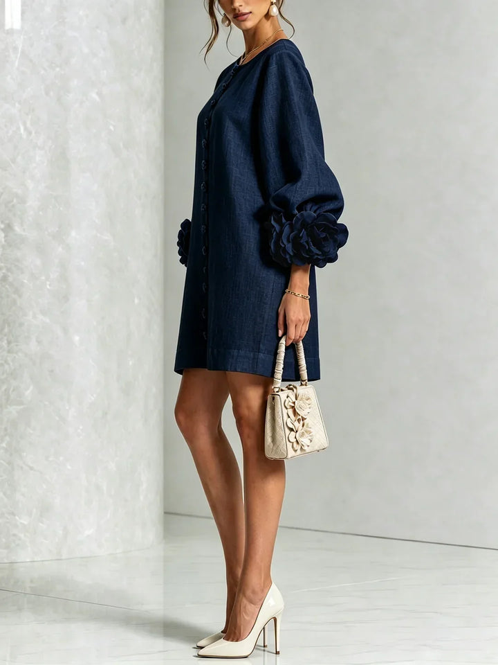 Elvira Mini Dress with Floral Buttons and Flower Sleeves