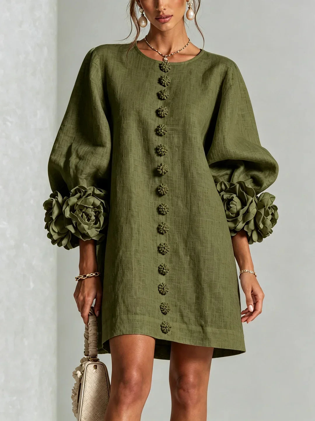 Elvira Mini Dress with Floral Buttons and Flower Sleeves