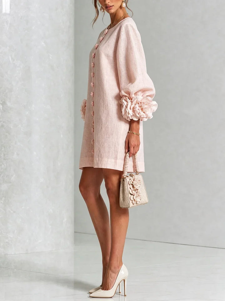 Elvira Mini Dress with Floral Buttons and Flower Sleeves