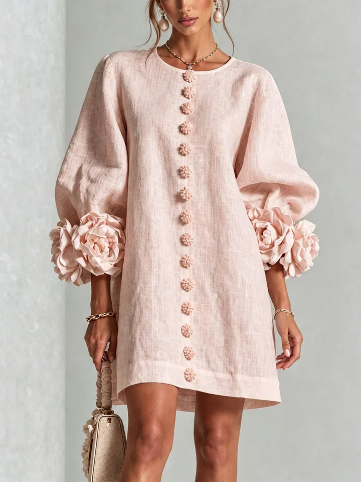 Elvira Mini Dress with Floral Buttons and Flower Sleeves