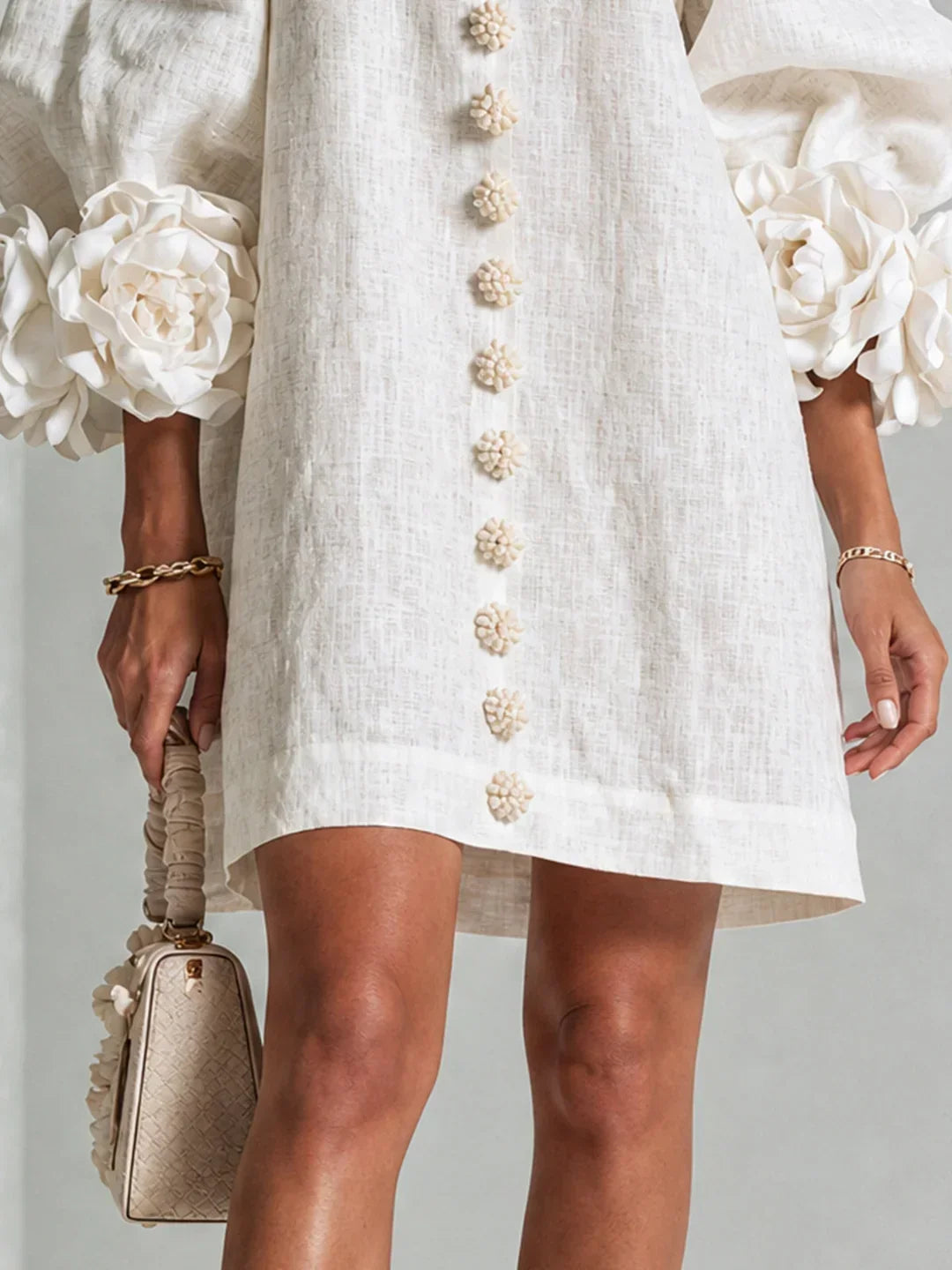 Elvira Mini Dress with Floral Buttons and Flower Sleeves