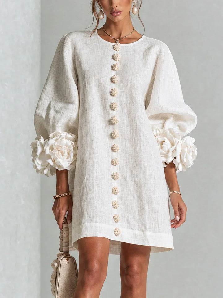 Elvira Mini Dress with Floral Buttons and Flower Sleeves