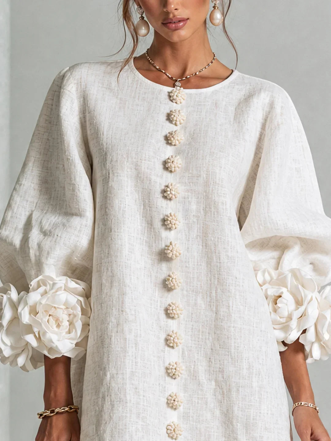 Elvira Mini Dress with Floral Buttons and Flower Sleeves