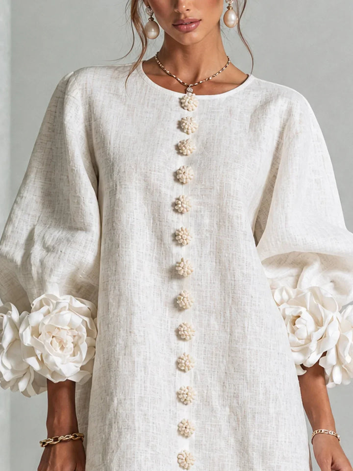 Elvira Mini Dress with Floral Buttons and Flower Sleeves