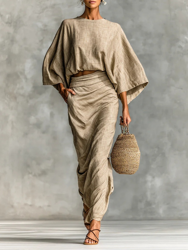 WILLOW | Beige Two Piece Set with Batwing Top and Long Skirt for Effortless Elegance