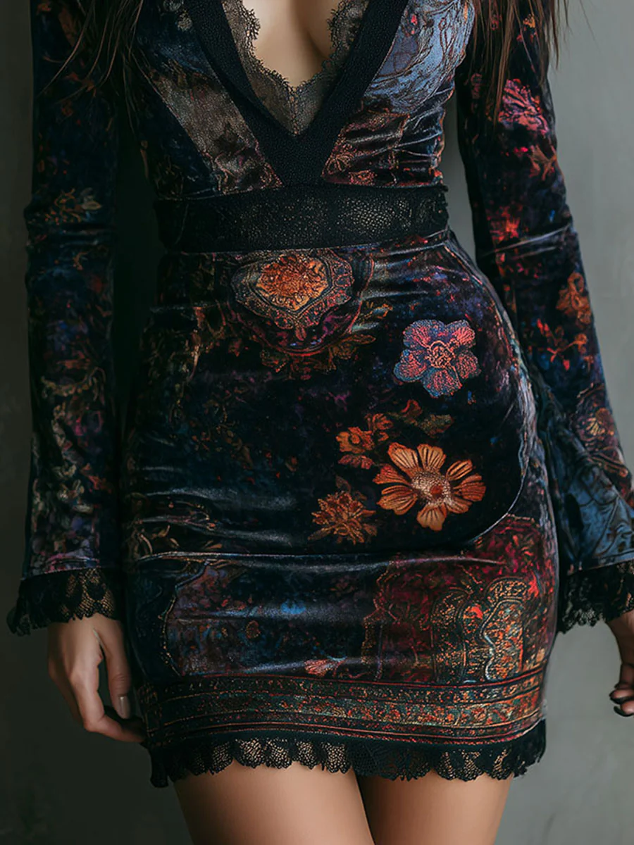 Liora ❘ Mini floral velvet dress with lace
