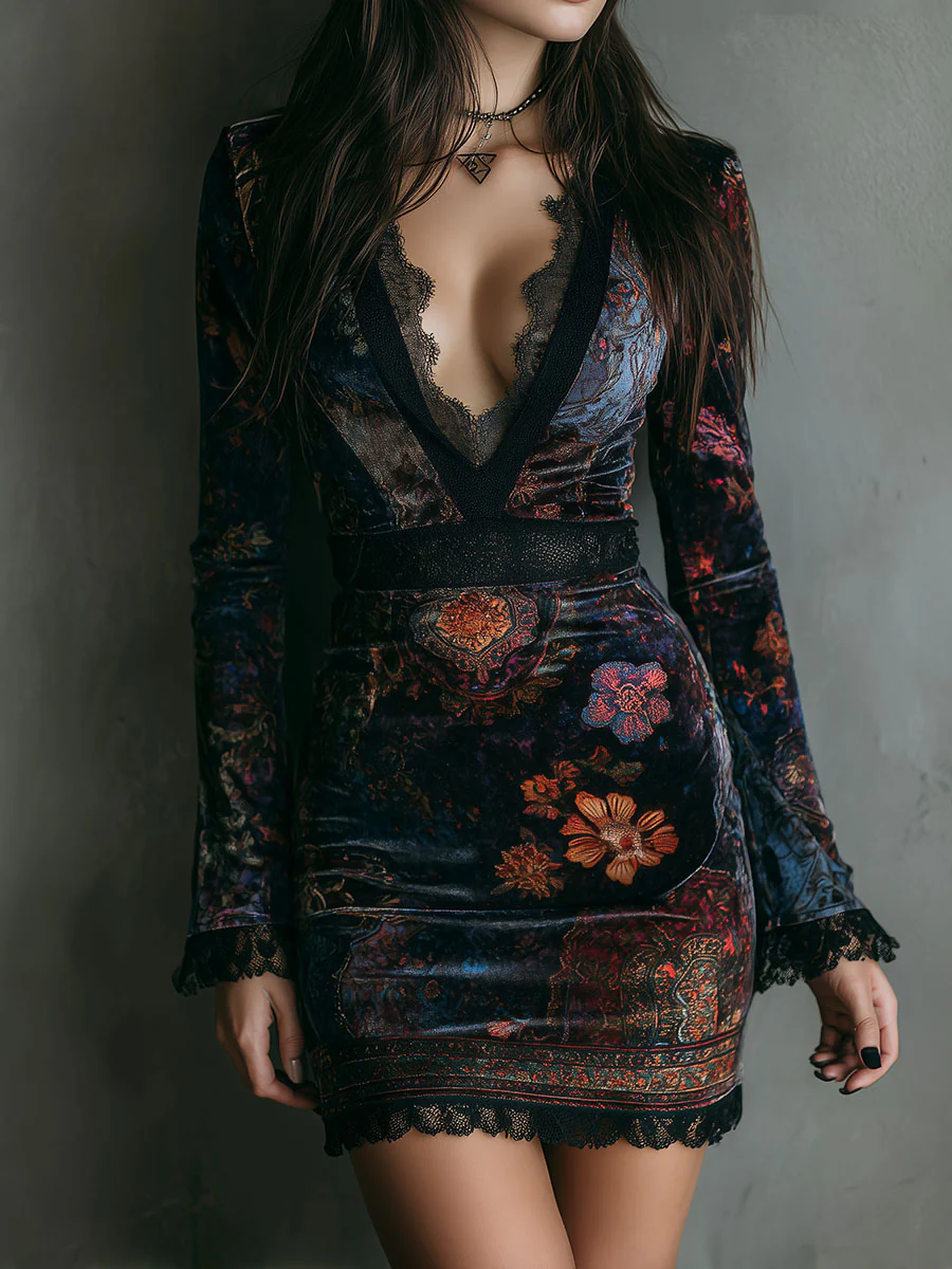 Liora ❘ Mini floral velvet dress with lace