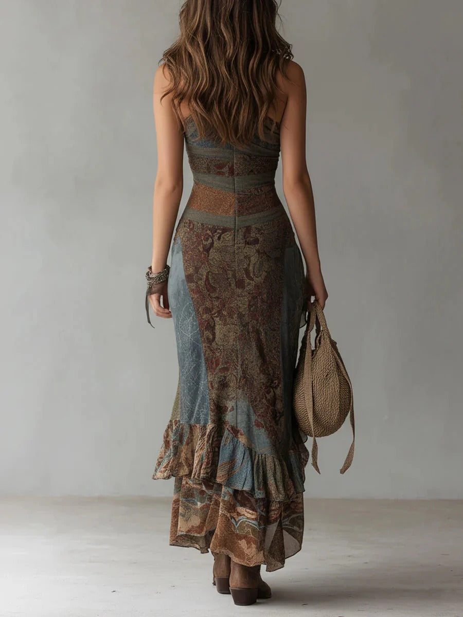 Maria | Asymmetrical Long Dress with Ethnic Print and High Side Slit