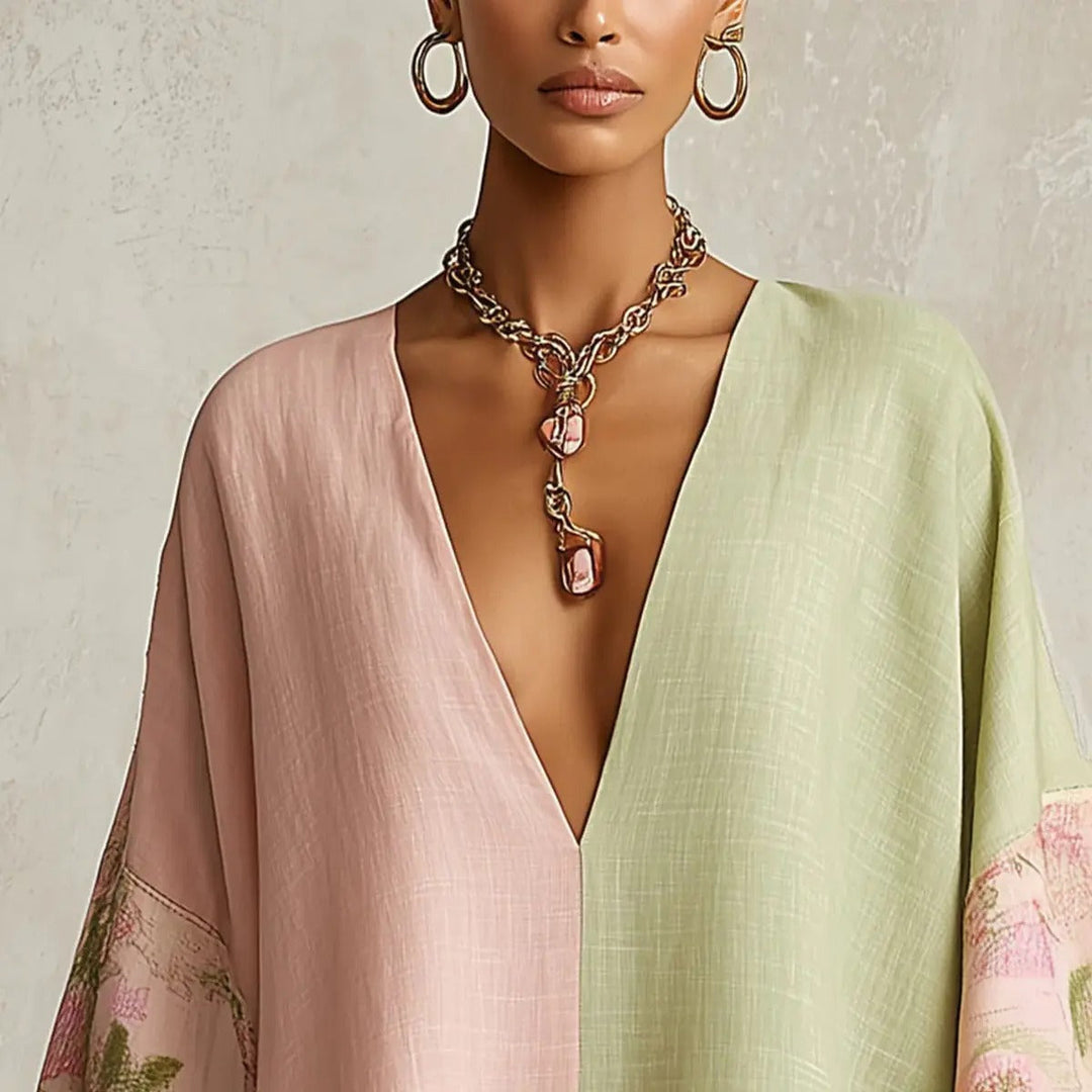 Jimena Bohemian Floral Dress with Batwing Sleeves and V-Neck