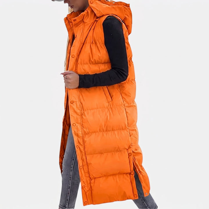 Women's Puffer Vest Quilted Hooded Maxi Length Button Down