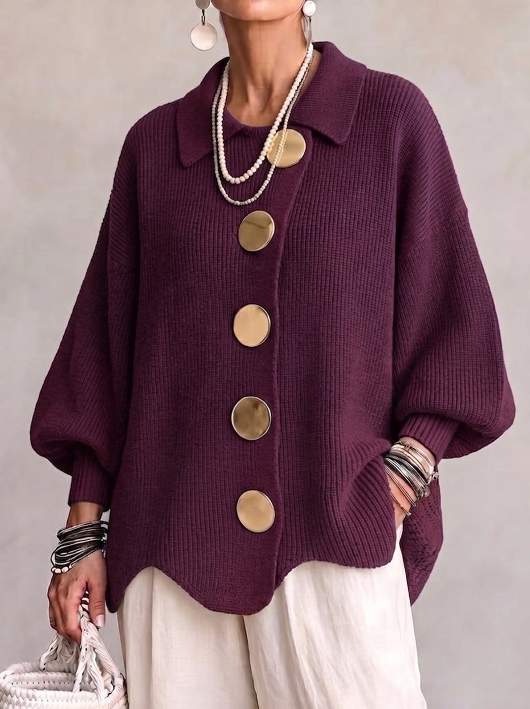 Isadora™ | Oversized Collared Cardigan With Large Metal Buttons